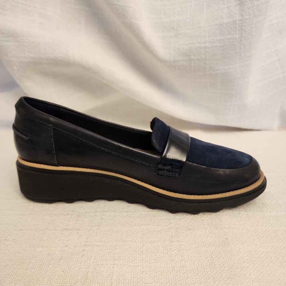 Clarks Collec Shoe W 7 Sharon Gracie Loafers Blue Lthr Suede Patent Slip On A211 - Picture 3 of 9